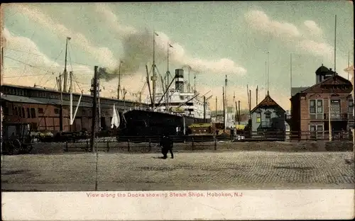 Ak Hoboken New Jersey USA, View along the Docks showing Steam Ships