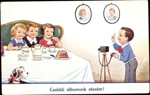 Künstler Ak Wills, John, Junge als Fotograf, Kinder am Tisch, Fotoapparat, Hund