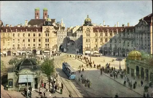 Ak München Bayern, am Stachus, Straßenbahn, Dom