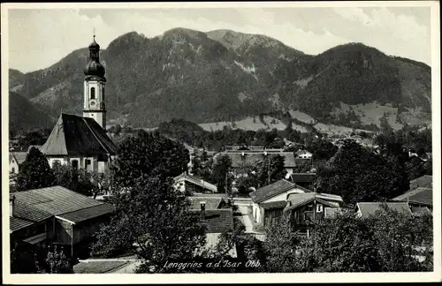 Ak Lenggries a. d. Isar Oberbayern, Teilansicht, Kirche, Gebirge