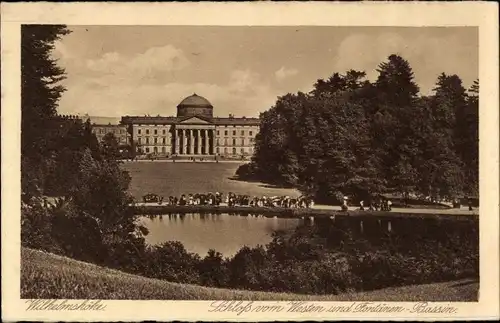 Ak Bad Wilhelmshöhe Kassel in Hessen, Schloss vom Westen, Fontänen-Bassin