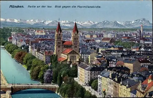 Ak München, Stadtpanorama, Isar, Maximilianskirche