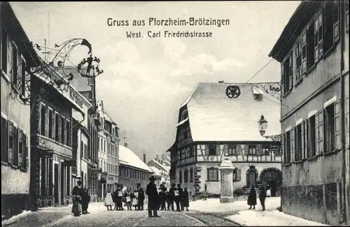 Ak Brötzingen Pforzheim im Schwarzwald, Westliche Carl Friedrichstraße, Winteransicht,Gasthaus Krone