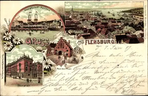 Litho Flensburg in Schleswig Holstein, Dampfschiff Pavillon, Theater, Nordertor, Stadtpanorama