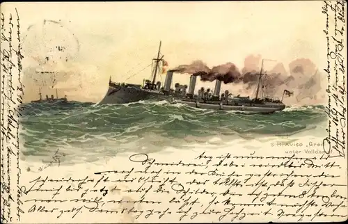 Künstler Litho Bohrdt, Hans, Deutsches Kriegsschiff, SMS Greif, Aviso, Kaiserliche Marine