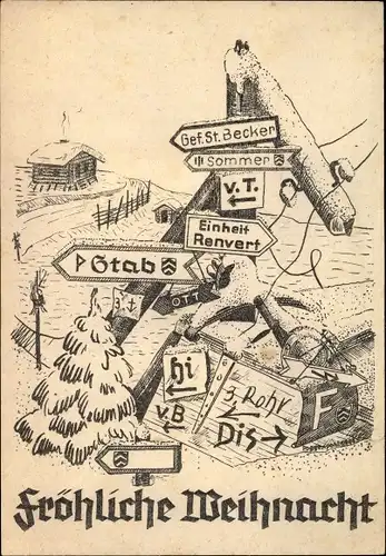 Künstler Ak Fröhliche Weihnacht, Wegweiser, Strommast, Einheit Renvert, Stab, Gef. St. Becker