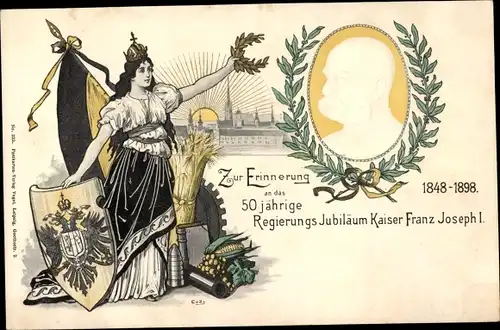 Präge Litho Zur Erinnerung an das 50 jährige Regierungsjubiläum Kaiser Franz Joseph I., 1848-1898