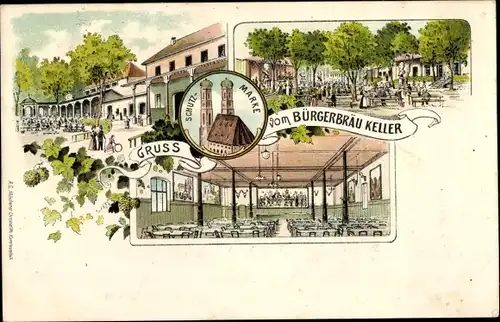 Litho München Bayern, Bürgerbräu Keller, Innenansicht, Frauenkirche