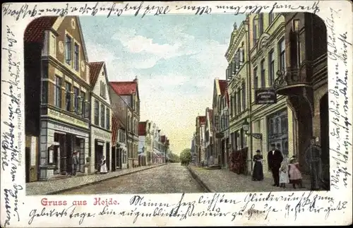 Ak Heide in Dithmarschen in Holstein, Straßenpartie, Geschäfte, Passanten