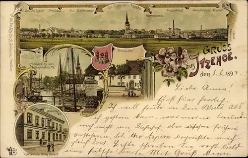 Litho Itzehoe in Holstein, Totalansicht, Zuckerfabrik, Kirche