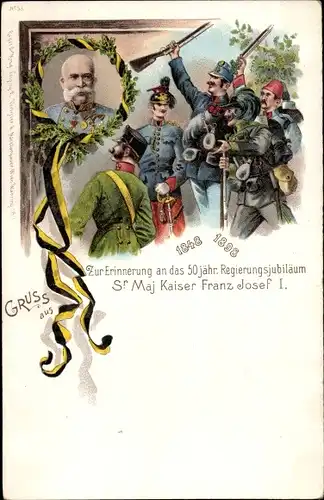 Litho Kaiser Franz Joseph I.,  50jh. Regierungsjubiläum 1898, Infanterie