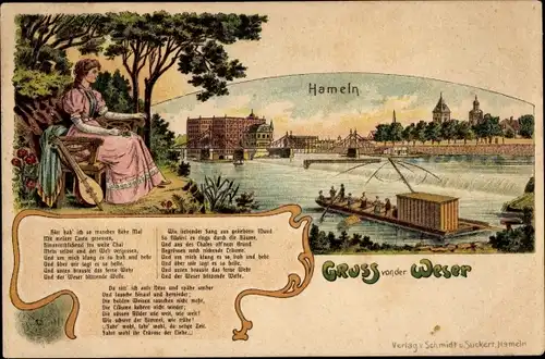 Litho Hameln an der Weser, Weserlied von Dingelstedt, Teilansicht, Wehr