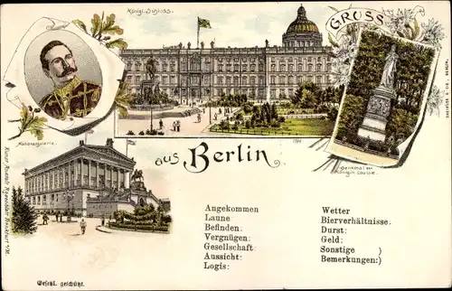 Litho Berlin Mitte, Kaiser Wilhelm II., Schloss, Denkmal Königin Luise, Nationalgalerie