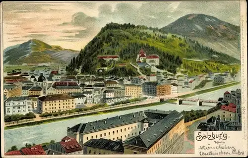 Litho Salzburg in Österreich, Teilansicht vom Mönchsberg aus