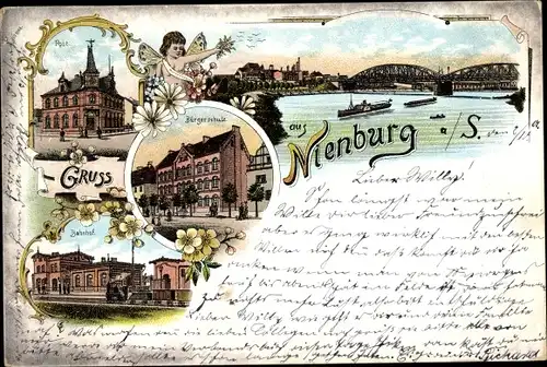 Litho Nienburg an der Saale, Post, Bürgerschule, Bahnhof, Panorama