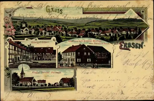 Litho Erbsen Adelebsen, Rittergut, Gasthaus zum dunklen Brunnen, Kirche, Schule, Pfarrhaus