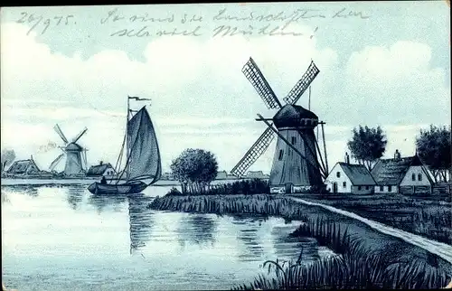 Künstler Ak Landschaft mit Windmühlen