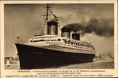 Ak Passagierschiff Normandie, CGT, French Line