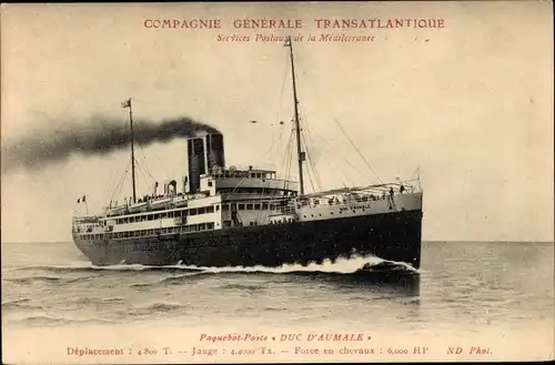 Ak Compagnie Générale Transatlantique, CGT, Paquebot Poste Duc d'Aumale