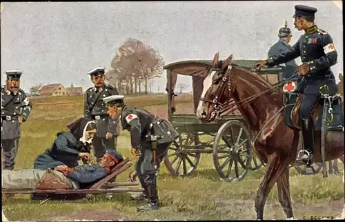 Künstler Ak Becker, Carl, Rotes Kreuz, Sanitäter, verwundeter Soldat auf einer Trage