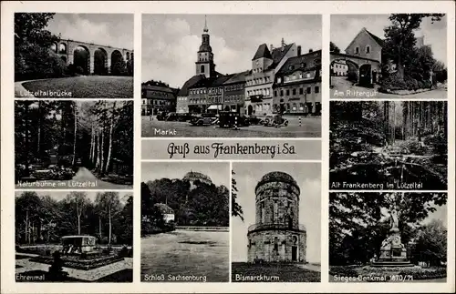 Ak Frankenberg in Sachsen, Markt, Rittergut, Naturbühne, Lützeltalbrücke, Bismarckturm, Denkmal