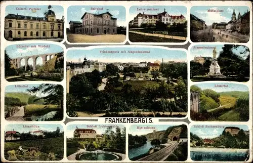 Ak Frankenberg in Sachsen, Lützeltal, Siegesdenkmal, Sachsenburg, Harrasfelsen, Schloss Lichtenwalde