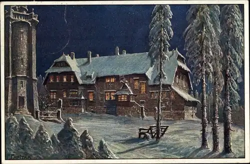 Künstler Ak Freitag, F., Wildenthal Eibenstock im Erzgebirge, Auersberg bei Nacht, Winter