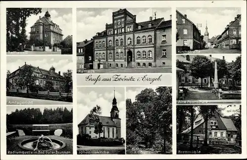 Ak Zwönitz im Erzgebirge Sachsen, Brettmühle, Johanniskirche, Rathaus, Amtsgericht, Postsäule