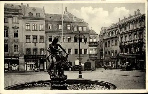 Ak Gera in Thüringen, Markt, Simsonbrunnen, Geschäft Traugott Gerhardt