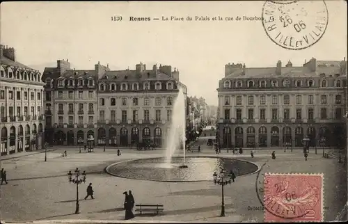 Ak Rennes Ille et Vilaine, Place du Palais, Rue de Bourbon