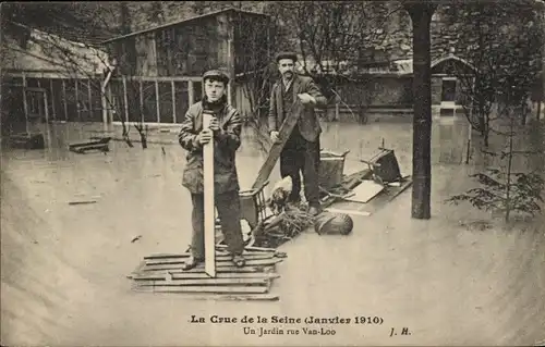 Ak Paris, Die Flut der Seine, 1910, ein Garten in der Rue Van Loo