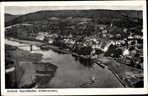 Ak Bad Karlshafen an der Oberweser Hessen, Totalansicht, Lastkahn