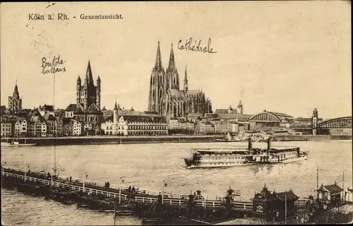 Ak Köln am Rhein, Gesamtansicht, Dampfer, Brücke, Dom