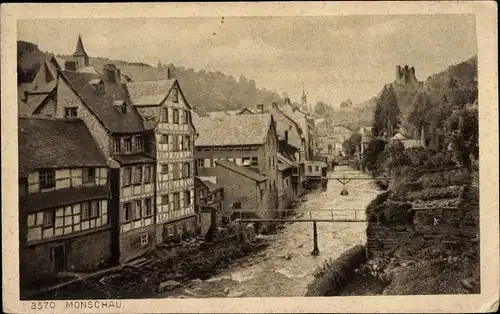 Ak Monschau Montjoie in der Eifel, Fachwerkhäuser, Rur, Ruine Haller