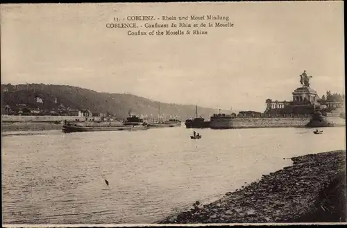 Ak Koblenz am Rhein, Kaiser Wilhelm Denkmal, Deutsches Eck, Schiffe