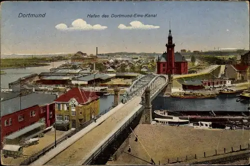 Ak Dortmund im Ruhrgebiet, Hafen des Dortmund-Ems-Kanal, Brücke, Schiff