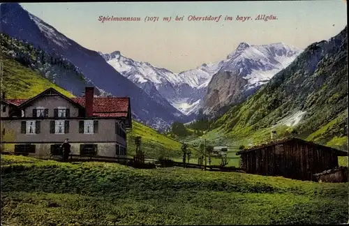 Ak Spielmannsau Oberstdorf im Oberallgäu, Gehöft, Bergpanorama