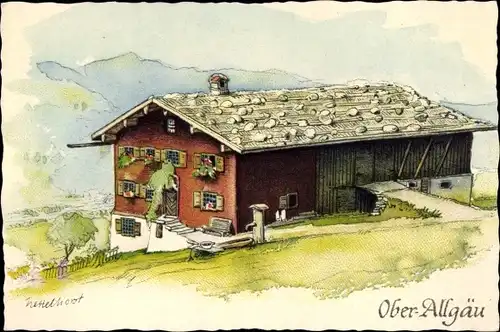 Künstler Ak Nettelhorst, L., Kempten im Allgäu Schwaben, Haus, Brunnen