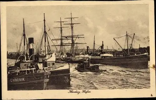 Ak Hamburg, Hafen, Dampfer, Segelschiffe