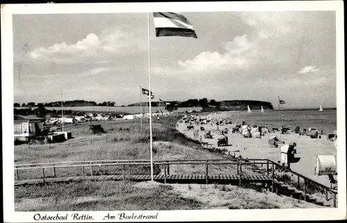 Ak Rettin Neustadt in Holstein, Badestrand, Strandkörbe, Steg