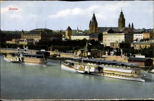 Ak Mainz am Rhein, Teilansicht, Dampfer, Türme