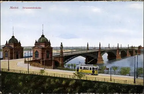 Ak Mainz am Rhein, Straßenbrücke, Straßenbahn