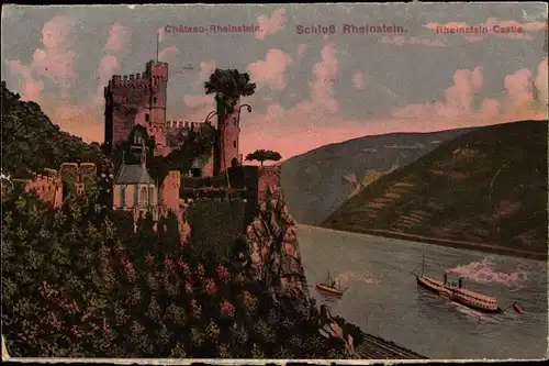 Ak Trechtingshausen am Rhein, Burg Rheinstein, Dämmerung, Dampfer