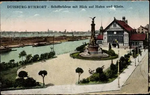 Ak Ruhrort Duisburg am Rhein, Schifferbörse mit Hafen und Rhein