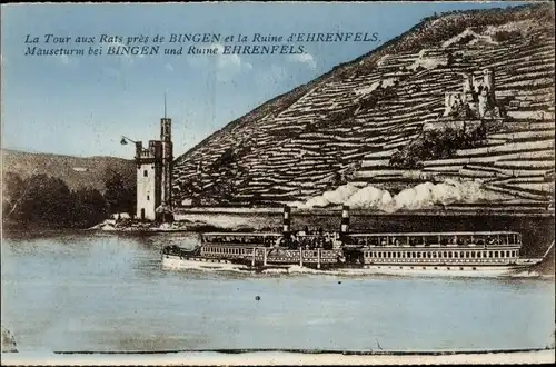 Ak Bingerbrück Bingen am Rhein, Mäuseturm, Ruine Ehrenfels, Dampfer