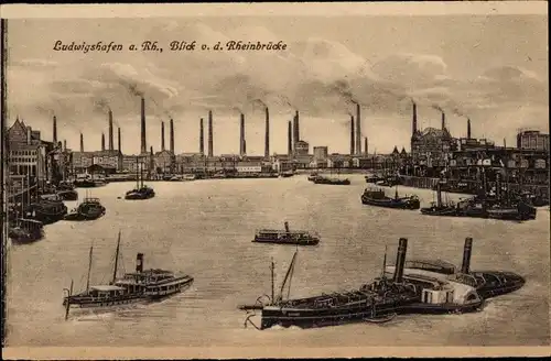 Ak Ludwigshafen am Rhein, Industrieanlagen, Schornsteine, Dampfer