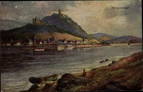 Künstler Ak Königswinter am Rhein, Drachenfels, Drachenburg, Dämmerung, Schiffe