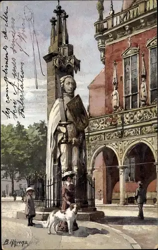 Künstler Ak Ahrens B., Bremen, Roland, Dame mit Hund
