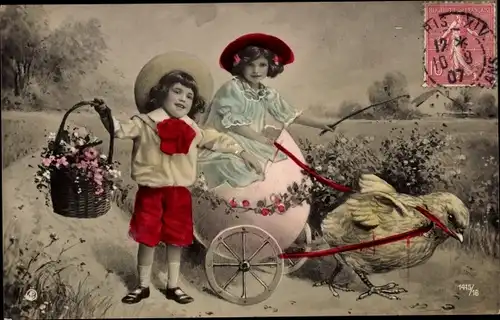 Ak Glückwunsch Ostern, Küken zieht Eierkutsche, Kinder, Blumen