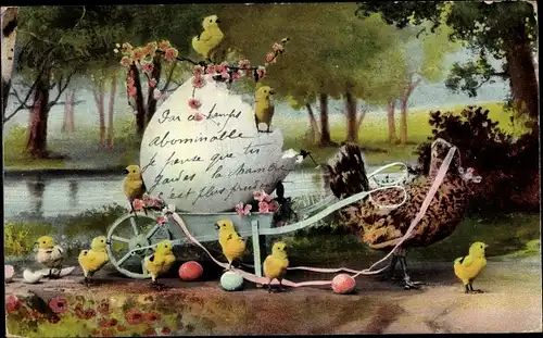 Ak Glückwunsch Ostern, Huhn und Küken, Ei auf einem Karren